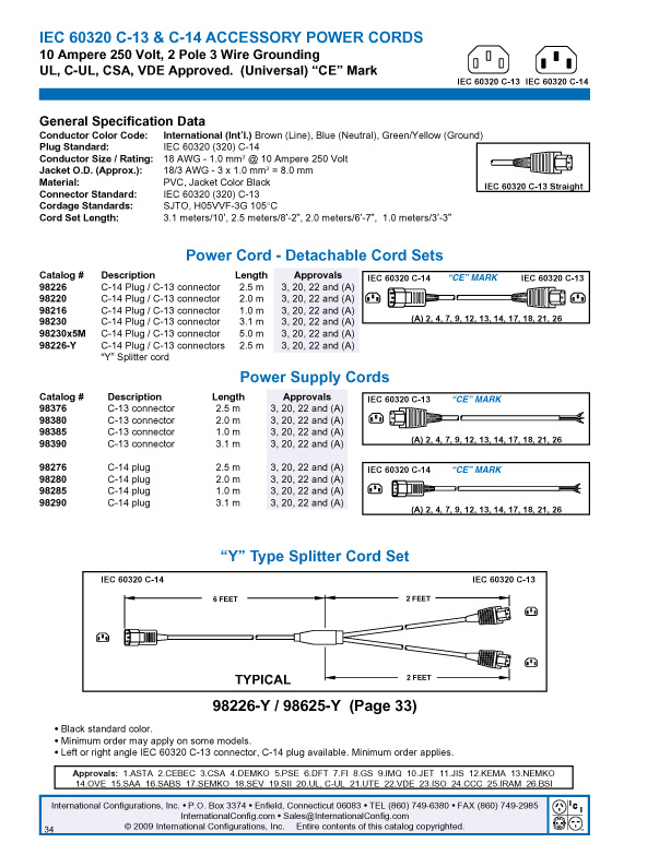 Yellow Lynn Electronics  C13C2015AYE-15F  15-Amp/250-volt  15-Feet Power Cord IEC 60320 C13 to IEC 60320 C20 
