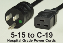Black NEMA 5-15 to C-19 Hospital Grade AC Power Cords and AC Cables
