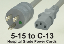 Gray NEMA 5-15 to C-13 Hospital Grade AC Power Cords and AC Cables