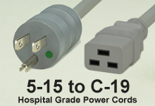 Gray NEMA 5-15 to C-19 Hospital Grade AC Power Cords and AC Cables
