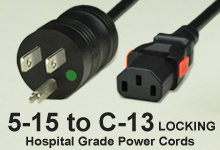NEMA 5-15 to Locking C-13 Hospital Grade AC Power Cords and AC Cables