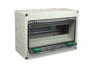 EUROPEAN, UK, INTERNATIONAL WEATHERPROOF 12 MODULE SURFACE MOUNT IP54 RATED CIRCUIT BREAKER ENCLOSURE. ACCEPTS 35 mm DIN RAIL MOUNTED OVERLOAD & GFCI (RCD) BREAKERS, TEMP. RATING: -40C TO +70C. GRAY. CE MARK.

<br><font color="yellow">Notes: </font> 
<br><font color="yellow">*</font> IP65 rating available (use IP68 connectors listed on catalog page 210).
<br><font color="yellow">*</font> Combination PE / Neutral termination strip and extra space filler blanks included.


  
 