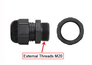 M20 STRAIN RELIEF CORD CONNECTOR, LIQUID TIGHT IP66 / IP68, BLACK. STANDARD TYPE M20X1.5M, DIAMETER RANGE = 6.0-12.0 mm (0.236"-0.472"). 

<br><font color="yellow">Notes: </font> 
<br><font color="yellow">*</font> Thread length 9mm, Material Plastic. 