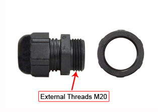 M20 STRAIN RELIEF CORD CONNECTOR, LIQUID TIGHT IP66 / IP68, BLACK. STANDARD TYPE M20X1.5M, DIAMETER RANGE = 6.0-12.0 mm (0.236"-0.472"). 

<br><font color="yellow">Notes: </font> 
<br><font color="yellow">*</font> Thread length 9mm, Material Plastic. 