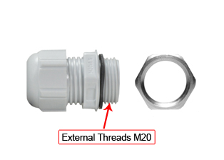 M20 STRAIN RELIEF CORD CONNECTOR, LIQUID TIGHT IP66 / IP68, LIGHT GREY. STANDARD TYPE M20X1.5M, DIAMETER RANGE = 6.0-12.0 mm (0.236"-0.472"). 
<br><font color="yellow">Notes: </font> 
<br><font color="yellow">*</font> Thread length 9mm, Material Plastic. 