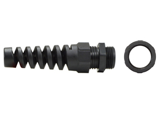 PG07 STRAIN RELIEF CORD CONNECTOR, LIQUID TIGHT (IP68), BLACK. FLEX TYPE. DIAMETER RANGE = 3.0-6.5 mm (0.118"-0.255").

<br><font color="yellow">Notes: </font> 
<br><font color="yellow">*</font> Threaded locking nut included.

