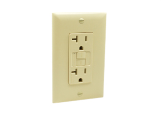 20 AMPERE-125 VOLT NEMA 5-20R GFCI DUPLEX OUTLET, (60Hz), 4mA-6mA TRIP, CLASS A RATED, SHUTTERED CONTACTS, AUTOMATIC GFCI CIRCUIT TEST, TEST / RESET BUTTONS, ON / OFF LIGHT & TRIP INDICATOR, IMPACT RESISTANT NYLON BODY & WALL PLATE, AUTOMATIC GROUND FEATURE, BACK AND SIDE WIRED TERMINALS ACCEPT #10, 12, 14 AWG CONDUCTORS, 2 POLE-3 WIRE GROUNDING, (2P+E). IVORY.

<br><font color="yellow">Notes: </font> 
<br><font color="yellow">*</font> Operating and storage temp. = -35C to +66C, 10ka short circuit rating.
<br><font color="yellow">*</font> Automatic circuit test = GFCI circuit tested automatically every 3 seconds.
<br><font color="yellow">*</font> Safelock protection = Outlet power shuts off if internal components damaged.
<br><font color="yellow">*</font> Miswire protection = Power to outlet & downstream outlets prevented if line / load terminals are wired incorrectly.