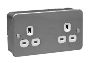 BRITISH, UNITED KINGDOM 13 AMPERE-250 VOLT DUPLEX OUTLET (UK1-13R), BS 1363A TYPE G SOCKETS, SHUTTERED CONTACTS, 2 POLE-3 WIRE GROUNDING (2P+E), STEEL BOX & COVER, SURFACE MOUNT. GRAY.

<br><font color="yellow">Notes: </font> 
<br><font color="yellow">*</font> British, UK, plugs, power cords, sockets, GFCI-RCD outlets listed below in related products. Scroll down to view.

 