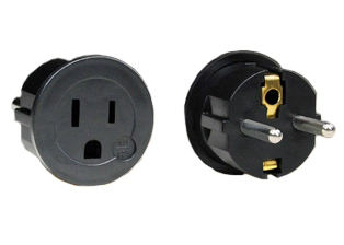 NEMA 5-15R / EUROPEAN "SCHUKO" CEE 7/7 (EU1-16P) 250 VOLT PLUG ADAPTER, 2 POLE-3 WIRE GROUNDING (2P+E). BLACK. 

<br><font color="yellow">Notes: </font> 
<br><font color="yellow">*</font> Connects NEMA 5-15P (15A-125V) plugs with European 250 volt CEE 7/3 "Schuko" outlets and French CEE 7/5 outlets.
<br><font color="yellow">*</font> American / European 2 pole-3 wire grounding (2P+E) plug adapters, "Universal" European plug adapters, IEC 60320 C-13, C-14, C-19, C-20 plug adapters are listed below in related products. Scroll down to view.

