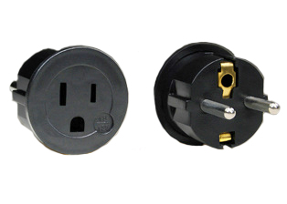 NEMA 5-15R / EUROPEAN SCHUKO CEE 7/7 (EU1-16P) 250 VOLT PLUG ADAPTER, 2 POLE-3 WIRE GROUNDING (2P+E). BLACK. 

<br><font color="yellow">Notes: </font> 
<br><font color="yellow">*</font> Connects NEMA 5-15P (15A-125V) plugs with European 250 volt CEE 7/3 Schuko outlets and French CEE 7/5 outlets.
<br><font color="yellow">*</font> American / European 2 pole-3 wire grounding (2P+E) plug adapters, Universal European plug adapters, IEC 60320 C-13, C-14, C-19, C-20 plug adapters are listed below in related products. Scroll down to view.
<br><font color="yellow">*</font><font color="yellow">*</font> Scroll down to view related product groups including similar adapters or select from Adapter Links and Transformer Links.
<br><font color="yellow">*</font> Adapter Links:  
<font color="yellow">-</font> <a href="https://www.internationalconfig.com/plug_adapt.asp" style="text-decoration: none">Country Specific Adapters</a> <font color="yellow">-</font> <a href="https://www.internationalconfig.com/universal_plug_adapters_multi_configuration_electrical_adapters.asp" style="text-decoration: none">Universal Adapters</a> <font color="yellow">-</font> <a href="https://www.internationalconfig.com/icc5.asp?productgroup=%27Plug%20Adapters%2C%20International%27" style="text-decoration: none">Entire List of Adapters</a> <font color="yellow">-</font> <a href="https://www.internationalconfig.com/Electrical_Adapters_C13_C14_C19_C20_C15_C7_C5_C21_60309_and_Electrical_Adapter_Power_Cords.asp" style="text-decoration: none">IEC 60320 Adapters</a> <font color="yellow">-</font><BR> <a href="https://www.internationalconfig.com/icc6.asp?item=IEC60320-Power-Cord-Splitters" style="text-decoration: none">IEC 60320 Splitter Adapters </a> <font color="yellow">-</font> <a href="https://www.internationalconfig.com/icc6.asp?item=IEC60320-Power-Cord-Splitters" style="text-decoration: none">NEMA Splitter Adapters </a> <font color="yellow">-</font> <a href="https://www.internationalconfig.com/icc6.asp?item=888-2126-ADPU" style="text-decoration: none">IEC 60309 Adapters</a> <font color="yellow">-</font> <a href="https://www.internationalconfig.com/cordhelp.asp" style="text-decoration: none">Worldwide and IEC Power Cord Selector</a>.
<br><font color="yellow">*</font> Transformer Links: <font color="yellow">-</font> <a href="https://www.internationalconfig.com/icc6.asp?item=Transformers" style="text-decoration: none">Step-Up, Step-Down Transformers & Voltage Converters </a>.
