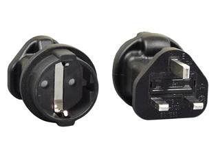 BRITISH, UNITED KINGDOM 13 AMPERE-250 VOLT PLUG ADAPTER, BS 1363 <font color="yellow"> TYPE G </font> PLUG (UK1-13P), 13 AMP FUSE (BS 1362), EUROPEAN CEE 7/3 SOCKET, HARD DUTY, IMPACT RESISTANT RUBBER BODY, 2 POLE-3 WIRE GROUNDING (2P+E). BLACK.

<br><font color="yellow">Notes: </font> 
<br><font color="yellow">*</font> Connects European, German, French, Schuko CEE 7/7, CEE 7/4, CEE 7/16 type E, F, C, plugs with United Kingdom (UK1-13R) outlets, sockets, receptacles.
<br><font color="yellow">*</font> Scroll down to view related products.

