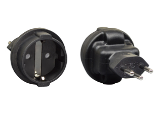 SWISS 10A-250V PLUG ADAPTER, TYPE J (SW1-10P), INSULATED PINS, CEE 7/3 SOCKET, SHUTTERED CONTACTS, HARD DUTY, IMPACT RESISTANT RUBBER BODY, 2 POLE-3 WIRE GROUNDING (2P+E). BLACK. 

<br><font color="yellow">Notes: </font> 
<br><font color="yellow">*</font> Connects European Schuko CEE 7/7, CEE 7/4, CEE 7/16 type E, F, C, plugs with Swiss (SW1-10R & SW2-16R) outlets, sockets, receptacles.
<br><font color="yellow">*</font><font color="yellow">*</font> Scroll down to view related product groups including similar adapters or select from Adapter Links and Transformer Links.
<br><font color="yellow">*</font> Adapter Links:  
<font color="yellow">-</font> <a href="https://www.internationalconfig.com/plug_adapt.asp" style="text-decoration: none">Country Specific Adapters</a> <font color="yellow">-</font> <a href="https://www.internationalconfig.com/universal_plug_adapters_multi_configuration_electrical_adapters.asp" style="text-decoration: none">Universal Adapters</a> <font color="yellow">-</font> <a href="https://www.internationalconfig.com/icc5.asp?productgroup=%27Plug%20Adapters%2C%20International%27" style="text-decoration: none">Entire List of Adapters</a> <font color="yellow">-</font> <a href="https://www.internationalconfig.com/Electrical_Adapters_C13_C14_C19_C20_C15_C7_C5_C21_60309_and_Electrical_Adapter_Power_Cords.asp" style="text-decoration: none">IEC 60320 Adapters</a> <font color="yellow">-</font><BR> <a href="https://www.internationalconfig.com/icc6.asp?item=IEC60320-Power-Cord-Splitters" style="text-decoration: none">IEC 60320 Splitter Adapters </a> <font color="yellow">-</font> <a href="https://www.internationalconfig.com/icc6.asp?item=IEC60320-Power-Cord-Splitters" style="text-decoration: none">NEMA Splitter Adapters </a> <font color="yellow">-</font> <a href="https://www.internationalconfig.com/icc6.asp?item=888-2126-ADPU" style="text-decoration: none">IEC 60309 Adapters</a> <font color="yellow">-</font> <a href="https://www.internationalconfig.com/cordhelp.asp" style="text-decoration: none">Worldwide and IEC Power Cord Selector</a>.
<br><font color="yellow">*</font> Transformer Links: <font color="yellow">-</font> <a href="https://www.internationalconfig.com/icc6.asp?item=Transformers" style="text-decoration: none">Step-Up, Step-Down Transformers & Voltage Converters </a>.
