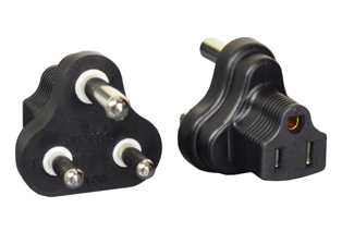 INDIA, SOUTH AFRICA 16 AMPERE-250 VOLT <font color="yellow"> TYPE M </font> PLUG ADAPTER, CONNECTS AMERICAN NEMA 5-15 PLUGS WITH INDIA IS1293 (IN1-16P), SOUTH AFRICA BS 546 (UK2-15P) 16A-250V <font color="yellow">"TYPE M"</font> OUTLETS, 2 POLE-3 WIRE GROUNDING (2P+E). BLACK.
<br><font color="yellow">*</font> View related products below for country specific universal and international worldwide plug adapters for all countries.
