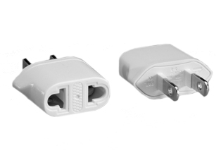 EUROPEAN / AMERICAN PLUG ADAPTER, CONNECTS EUROPEAN 2 POLE-2 WIRE PLUGS (4.0mm / 4.8mm Diameter pins) with <font color="yellow"> NEMA 5-15R (15A-125V) & NEMA 5-20R (20A-125V)</font> outlets. WHITE. 

<br><font color="yellow">Notes: </font> 
<br><font color="yellow">*</font> American / European 2 pole-3 wire grounding (2P+E) plug adapters, "Universal" European plug adapters, IEC 60320 C-13, C-14, C-19, C-20 plug adapters are listed below in related products. Scroll down to view.


 
 