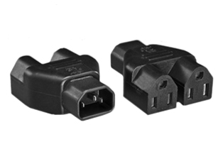 ADAPTER (SPLITTER), IEC 60320 C-14 PLUG, TWO TYPE B NEMA 5-15R CONNECTORS. CONNECTS TWO NEMA 5-15P PLUGS OR POWER CORDS WITH IEC 60320 C-13 CONNECTOR, 10 AMPERE-125 VOLT, 2 POLE-3 WIRE GROUNDING (2P+E). BLACK. 

<br><font color="yellow">Notes: </font> 
<br><font color="yellow">*</font> "Y" type splitter adapters, IEC 60320 C-13, C-14, C-15, C-5, C-7, C-19, C-20 plug adapters & European C-14, C-20 adapters are listed below in related products. Scroll down to view.

