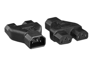 ADAPTER (SPLITTER), IEC 60320 C-14 PLUG, TWO C-13 CONNECTORS. CONNECTS ONE IEC 60320 C-13 CONNECTOR WITH TWO C-14 PLUGS, 10 AMPERE-125 VOLT, 2 POLE-3 WIRE GROUNDING (2P+E). BLACK. 

<br><font color="yellow">Notes: </font> 
<br><font color="yellow">*</font> "Y" type splitter adapters, IEC 60320 C-13, C-14, C-15, C-5, C-7, C-19, C-20 plug adapters & European C-14, C-20 adapters are listed below in related products. Scroll down to view.

