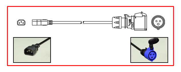 IEC 60309 (6h) 15A-250V ADAPTER. IEC 60309 (IP44) CONNECTOR, IEC 60320 C-14 PLUG, 14/3 AWG 105C SJTO, 2 POLE-3 WIRE GROUNDING (2P+E), 0.3 METERS (1 FOOT) (12") LONG. BLUE CONNECTOR, BLACK CORD AND PLUG.

<br><font color="yellow">Notes: </font> 
<br><font color="yellow">*</font><font color="orange">Custom lengths / designs available.</font> 
<br><font color="yellow">*</font><font color="yellow">*</font> Scroll down to view related product groups including similar adapters or select from Adapter Links and Transformer Links.
<br><font color="yellow">*</font> Adapter Links:  
<font color="yellow">-</font> <a href="https://www.internationalconfig.com/plug_adapt.asp" style="text-decoration: none">Country Specific Adapters</a> <font color="yellow">-</font> <a href="https://www.internationalconfig.com/universal_plug_adapters_multi_configuration_electrical_adapters.asp" style="text-decoration: none">Universal Adapters</a> <font color="yellow">-</font> <a href="https://www.internationalconfig.com/icc5.asp?productgroup=%27Plug%20Adapters%2C%20International%27" style="text-decoration: none">Entire List of Adapters</a> <font color="yellow">-</font> <a href="https://www.internationalconfig.com/Electrical_Adapters_C13_C14_C19_C20_C15_C7_C5_C21_60309_and_Electrical_Adapter_Power_Cords.asp" style="text-decoration: none">IEC 60320 Adapters</a> <font color="yellow">-</font><BR> <a href="https://www.internationalconfig.com/icc6.asp?item=IEC60320-Power-Cord-Splitters" style="text-decoration: none">IEC 60320 Splitter Adapters </a> <font color="yellow">-</font> <a href="https://www.internationalconfig.com/icc6.asp?item=IEC60320-Power-Cord-Splitters" style="text-decoration: none">NEMA Splitter Adapters </a> <font color="yellow">-</font> <a href="https://www.internationalconfig.com/icc6.asp?item=888-2126-ADPU" style="text-decoration: none">IEC 60309 Adapters</a> <font color="yellow">-</font> <a href="https://www.internationalconfig.com/cordhelp.asp" style="text-decoration: none">Worldwide and IEC Power Cord Selector</a>.
<br><font color="yellow">*</font> Transformer Links: <font color="yellow">-</font> <a href="https://www.internationalconfig.com/icc6.asp?item=Transformers" style="text-decoration: none">Step-Up, Step-Down Transformers & Voltage Converters </a>.