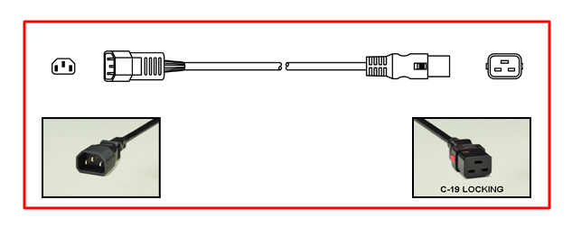 <font color="red">LOCKING</font> IEC 60320 C-19 TO C-14, 15A-250V POWER CORD, C(UL)US APPPROVED, IEC 60320 <font color="RED"> LOCKING C-19 CONNECTOR</font>, IEC 60320 C-14 PLUG, 14/3 AWG SJT 105C, 2 POLE-3 WIRE GROUNDING (2P+E), 3.66 METERS (12 FEET) (144") LONG. BLACK. 
<br><font color="yellow">Length: 3.66 METERS (12 FEET)</font>

<br><font color="yellow">Notes: </font> 
<br><font color="yellow">*</font> Locking C19 connector designed to securely lock onto all C20 inlets, C20 plugs, C20 power cords.
<br><font color="yellow">*</font> IEC 60320 C19 connector locks onto C20 power inlets or C20 plugs, IEC 60320 C14 plug connects with C13 power outlets or C13 connectors. (<font color="red"> Red color (slide release latch) unlocks the C19 connector.</font>)
<br><font color="yellow">*</font> IEC 60320 C19, C20 locking power cords, locking PDU outlet strips, locking C19 outlets are listed below in related products. Scroll down to view.