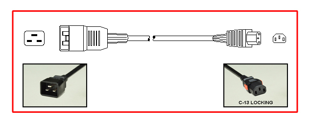 <font color="red">LOCKING</font> IEC 60320 C-13, C-20 15A-250V POWER CORD, C(UL)US APPROVED, IEC 60320 <font color="RED"> LOCKING C-13 CONNECTOR</font>, IEC 60320 C-20 PLUG, 14/3 AWG SJT 105C, 2 POLE-3 WIRE GROUNDING (2P+E), 3.66 METERS (12 FEET) (144") LONG. BLACK. 
<br><font color="yellow">Length: 3.66 METERS (12 FEET)</font> 

<br><font color="yellow">Notes: </font> 
<br><font color="yellow">*</font> Locking C13 connector designed to securely lock onto all C14 inlets, C14 plugs, C14 power cords.
<br><font color="yellow">*</font> IEC 60320 C13 connector locks onto C14 power inlets or C14 plugs. (<font color="red"> Red color (slide release latch) unlocks the C13 connector.</font>)
<br><font color="yellow">*</font> IEC 60320 C13, C14 locking power cords, locking PDU outlet strips, locking C13, C19 outlets are listed below in related products. Scroll down to view.
