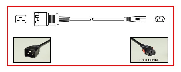 <font color="red">LOCKING</font> IEC 60320 C-13, C-20 15A-250V POWER CORD, C(UL)US APPROVED, IEC 60320 <font color="RED"> LOCKING C-13 CONNECTOR</font>, IEC 60320 C-20 PLUG, 14/3 AWG SJT 105C, 2 POLE-3 WIRE GROUNDING (2P+E), 3.66 METERS (12 FEET) (144") LONG. BLACK. 
<br><font color="yellow">Length: 3.66 METERS (12 FEET)</font> 

<br><font color="yellow">Notes: </font> 
<br><font color="yellow">*</font> Locking C13 connector designed to securely lock onto all C14 inlets, C14 plugs, C14 power cords.
<br><font color="yellow">*</font> IEC 60320 C13 connector locks onto C14 power inlets or C14 plugs. (<font color="red"> Red color (slide release latch) unlocks the C13 connector.</font>)
<br><font color="yellow">*</font> IEC 60320 C13, C14 locking power cords, locking PDU outlet strips, locking C13, C19 outlets are listed below in related products. Scroll down to view.