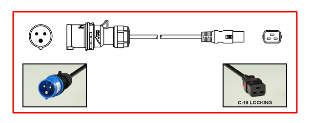 <font color="red">LOCKING</font> IEC 60309 16A-250V UNIVERSAL, EUROPEAN, INTERNATIONAL C(UL)US, VDE, TUV, KEMA-KEUR] POWER CORD, IEC 60309 (6h) IP44 PLUG, IEC 60320 <font color="RED"> LOCKING C-19 CONNECTOR</font>, 15/3 AWG SJTO - H05VV-F, 1.5 mm, 105C CORD, 2 POLE-3 WIRE GROUNDING [2P+E], 2.5 METERS [8FT-2IN] [98"] LONG. BLACK. 
<br><font color="yellow">Length: 2.5 METERS [8FT-2IN]</font> 

<br><font color="yellow">Notes: </font> 
<br><font color="yellow">*</font> Locking C19 connector designed to securely lock onto all C20 inlets, C20 plugs, C20 power cords.
<br><font color="yellow">*</font><font color="orange"> Custom lengths / designs available.</font>
<br><font color="yellow">*</font>  IEC 60320 C19 connector locks onto C20 power inlets or C20 plugs. (<font color="red"> Red color (slide release latch) unlocks the C19 connector.</font>)
<br><font color="yellow">*</font> <font color="red"> Locking</font> European, British, UK, Australian, International and America / Canada NEMA 5-15P, 5-20P, 6-15P, 6-20P, L5-15P, L6-15P, L5-20P, L6-20P, L5-30P, L6-30P, IEC 60309 (6h), IEC 60320 C19, IEC 60320 C13 locking power cords are listed below in related products. Scroll down to view. 