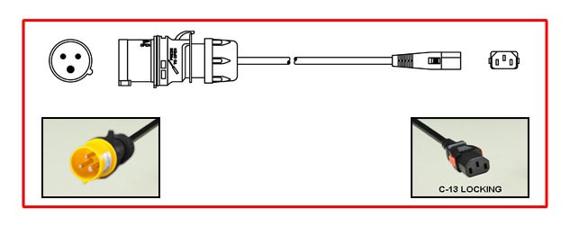 <font color="red">LOCKING</font> IEC 60309 15A-125V POWER CORD, IEC 60309 (4h) IP44 PLUG, IEC 60320 <font color="RED"> LOCKING C-13 CONNECTOR</font>, SJT 14/3 AWG, 105C CORD, 2 POLE-3 WIRE GROUNDING [2P+E], 2.5 METERS [8FT-2IN] [98"] LONG. BLACK.
<br><font color="yellow">Length: 2.5 METERS [8FT-2IN]</font> 

<br><font color="yellow">Notes: </font> 
<br><font color="yellow">*</font> Locking C13 connector designed to securely lock onto all C14 inlets, C14 plugs, C14 power cords.
<br><font color="yellow">*</font> <font color="orange">Custom lengths / designs available.</font>
<br><font color="yellow">*</font> IEC 60320 C13 connector locks onto C14 power inlets or C14 plugs. (<font color="red"> Red color (slide release latch) unlocks the C13 connector.</font>)
<br><font color="yellow">*</font> <font color="red"> Locking</font> European, British, UK, Australian, International and America / Canada (NEMA) 5-15P, 5-20P, 6-15P, 6-20P, L5-15P, L6-15P, L5-20P, L6-20P, L5-30P, L6-30P, IEC 60309 (6h), IEC 60320 C13, IEC 60320 C19 locking power cords are listed below in related products. Scroll down to view.