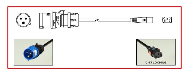 <font color="red">LOCKING</font> IEC 60309 15A-250V POWER CORD, IEC 60309 (6h) IP44 PLUG, IEC 60320 <font color="RED"> LOCKING C-13 CONNECTOR</font>, SJT 14/3 AWG, 105C CORD, 2 POLE-3 WIRE GROUNDING [2P+E], 2.5 METERS [8FT-2IN] [98"] LONG. BLACK.
<br><font color="yellow">Length: 2.5 METERS [8FT-2IN]</font> 

<br><font color="yellow">Notes: </font> 
<br><font color="yellow">*</font> Locking C13 connector designed to securely lock onto all C14 inlets, C14 plugs, C14 power cords.
<br><font color="yellow">*</font><font color="orange"> Custom lengths / designs available.</font>
<br><font color="yellow">*</font> IEC 60320 C13 connector locks onto C14 power inlets or C14 plugs. (<font color="red"> Red color (slide release latch) unlocks the C13 connector.</font>)
<br><font color="yellow">*</font> <font color="red"> Locking</font> European, British, UK, Australian, International and America / Canada (NEMA) 5-15P, 5-20P, 6-15P, 6-20P, L5-15P, L6-15P, L5-20P, L6-20P, L5-30P, L6-30P, IEC 60309 (6h), IEC 60320 C13, IEC 60320 C19 locking power cords are listed below in related products. Scroll down to view.