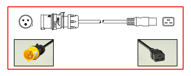 ADAPTER, IEC 60309 (4h) PLUG, IEC 60320 C-19 CONNECTOR, 2P+E, 16A-125V, 50/60 Hz, 1.5mm2 H05VV-F, 0.3 METERS (1 FOOT) (12") LONG. YELLOW PLUG, BLACK CORD AND CONNECTOR.
<br><font color="yellow">Length: 0.3 METERS (1 FOOT)</font>


<br><font color="yellow">Notes: </font>
<br> Adapter 39050X1FT-EU wired for use in Europe. Use adapter 39050X1FT for USA / North America applications. Link: # <a href="https://internationalconfig.com/icc6.asp?item=39050X1FT" style="text-decoration: none">39050X1FT</a>.
<br><font color="yellow">*</font><font color="orange">Custom lengths / designs available.</font>  