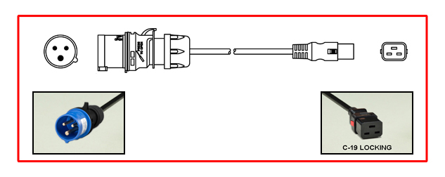 <font color="red">LOCKING</font> IEC 60309 20A-250V POWER CORD, IEC 60309 (6h) IP44 PLUG, IEC 60320 <font color="RED"> LOCKING C-19 CONNECTOR</font>, 12/3 AWG SJTOW 105°C CORD, 2 POLE-3 WIRE GROUNDING [2P+E], 2.5 METERS [8FT-2IN] [98"] LONG. BLACK.
<br><font color="yellow">Length: 2.5 METERS [8FT-2IN]</font> 

<br><font color="yellow">Notes: </font> 
<br><font color="yellow">*</font><font color="orange"> Custom lengths / designs available.</font>
<br><font color="yellow">*</font> IEC 60320 C19 connector locks onto C20 power inlets or C20 plugs. (<font color="red"> Red color (slide release latch) unlocks the C19 connector.</font>)
<br><font color="yellow">*</font> <font color="red"> Locking</font> European, British, UK, Australian, International and America / Canada (NEMA) 5-15P, 5-20P, 6-15P, 6-20P, L5-15P, L6-15P, L5-20P, L6-20P, L5-30P, L6-30P, IEC 60309 (6h), IEC 60320 C-19, IEC 60320 C-13 locking power cords are listed below in related products. Scroll down to view. 