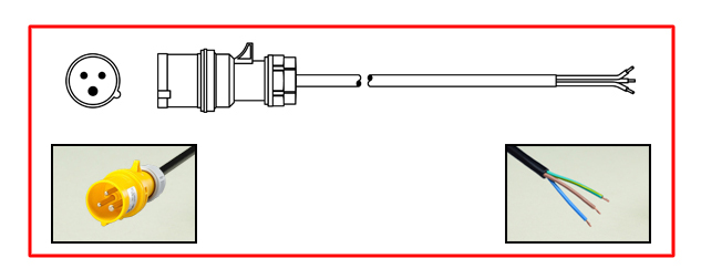 POWER SUPPLY CORD, IEC 60309 SPLASHPROOF [4h] PLUG, YELLOW COLOR, 2P+E, 30 AMPERE 125 VOLT, 10/3 AWG [6.0mm], SOOW, H07RN-F, 90C, 600 VOLT UL, CSA, HAR APPROVED NEOPRENE CORDAGE, 2.5 METERS [8FT-2IN] [98"] LONG, ROJ = 2", STRIP = 1/4", BLACK.
<br><font color="yellow">Length: 2.5 METERS [8FT-2IN]</font>
