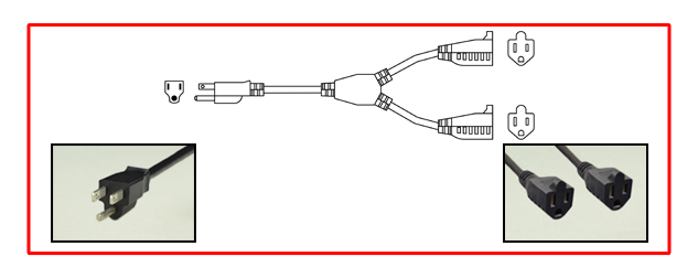 AMERICAN EXTENSION CORD "SPLITTER", 14 INCHES LONG, 15 AMPERE 125 VOLT (1875 WATTS), <br><font color="yellow">14/3 AWG,</font> SJT, 60C, TYPE B NEMA 5-15P PLUG, TWO NEMA 5-15R CONNECTORS, 2 POLE-3 WIRE GROUNDING (2P+E). BLACK.
<br><font color="yellow">Length: 0.36 METERS (1FT-2IN)</font>

 