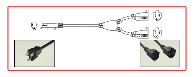 AMERICAN EXTENSION CORD "SPLITTER", 3 FEET LONG, 13 AMPERE 125 VOLT (1625 WATTS), 16/3 AWG, SJT, 60C, TYPE B NEMA 5-15P PLUG, TWO NEMA 5-15R CONNECTORS, 2 POLE-3 WIRE GROUNDING (2P+E). BLACK.
<br><font color="yellow">Length: 0.3 METERS (3 FEET)</font>