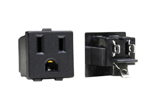 15 AMPERE-125 VOLT NEMA 5-15R SNAP-IN POWER OUTLET, 2 POLE-3 WIRE GROUNDING, 4.8 x 0.6 mm (0.189" x 0.024") SOLDER TERMINALS, NYLON BODY, BLACK.