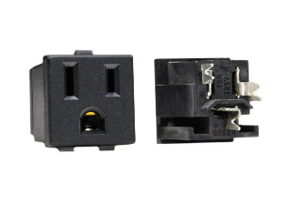 15 AMPERE-125 VOLT (NEMA 5-15R) SNAP-IN POWER OUTLET, 2 POLE-3 WIRE GROUNDING, "V" SLOT" INSULATION DISPLACEMENT TERMINALS (14 AWG SOLID CONDUCTOR ONLY), NYLON BODY. BLACK. 
