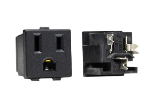 15 AMPERE-125 VOLT NEMA 5-15R SNAP-IN POWER OUTLET, 2 POLE-3 WIRE GROUNDING, "V" SLOT" INSULATION DISPLACEMENT TERMINALS (14 AWG SOLID CONDUCTOR ONLY), NYLON BODY. BLACK. 