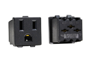 15 AMPERE-125 VOLT NEMA 5-15R SNAP-IN POWER OUTLET, 2 POLE-3 WIRE GROUNDING, "V" SLOT" INSULATION DISPLACEMENT TERMINALS (14 AWG OR 12 AWG SOLID CONDUCTOR ONLY), NYLON BODY. BLACK. 