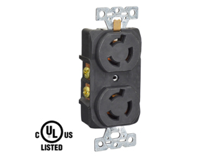 15 AMPERE-250 VOLT NEMA L6-15R DUPLEX LOCKING OUTLET (2P+E), BACK OR SIDE WIRED, 2 POLE-3 WIRE GROUNDING. BLACK.