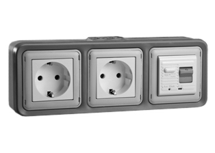 EUROPEAN "SCHUKO" 16 AMPERE-230 VOLT CEE 7/3 <font color="yellow">GFCI (RCBO/RCD)</font> DUPLEX OUTLET, TYPE F (EU1-16R, 50/60 Hz, <font color="yellow">(10mA TRIP)</font>, HORIZONTAL SURFACE MOUNT, IP20 RATED, GLAND CABLE ENTRY, 2 POLE-3 WIRE GROUNDING (2P+E). GRAY.  

<BR><font color="yellow">Notes:</font>
<BR><font color="yellow">*</font> Downstream outlets can be protected. Use on single phase 230 volt circuits only.
<BR><font color="yellow">*</font> Latched RCD, No reset after power failure. RCBO (single pole + neutral) provides over current protection.
<BR><font color="yellow">*</font> Screw terminal torque = 0.08Nm. Operating temp. = -5�C to +40�C. 
<BR><font color="yellow">*</font> Weatherproof IP66, IP55 rated outlets listed below. Scroll down to view.
<BR><font color="yellow">*</font> Not for use on life support, medical equipment, refrigeration equipment.  
<BR><font color="yellow">*</font> GFCI (RCBO/RCD) outlets are available for all countries. Contact us.  


