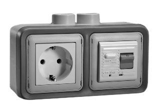 EUROPEAN SCHUKO 16 AMPERE-230 VOLT CEE 7/3 <font color="yellow">GFCI (RCBO/RCD)</font> OUTLET, TYPE F (EU1-16R), 50/60 Hz, <font color="yellow">(10mA TRIP)</font>, HORIZONTAL SURFACE MOUNT, IP20 RATED, M20 CABLE ENTRY HUBS (**), 2 POLE-3 WIRE GROUNDING (2P+E). GRAY.
  
<BR><font color="yellow">Notes:</font>
<BR><font color="yellow">**</font> M20 adapter #01614 available. Converts M20 to 1/2 inch National Pipe Thread (NPT). 
<BR><font color="yellow">*</font> Downstream outlets can be protected. Use on single phase 230 volt circuits only.
<BR><font color="yellow">*</font> Latched RCD, No reset after power failure. RCBO (single pole + neutral) provides over current protection.
<BR><font color="yellow">*</font> Screw terminal torque = 0.08Nm. Operating temp. = -5C to +40C. 
<BR><font color="yellow">*</font> Weatherproof IP66, IP55 rated outlets listed below. Scroll down to view.
<BR><font color="yellow">*</font> Not for use on life support, medical equipment, refrigeration equipment.  
<BR><font color="yellow">*</font> GFCI (RCBO/RCD) outlets are available for all countries. Contact us.  


