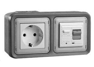 EUROPEAN SCHUKO 16 AMPERE-230 VOLT CEE 7/3 <font color="yellow">GFCI (RCBO/RCD)</font> OUTLET, TYPE F (EU1-16R), 50/60 Hz, <font color="yellow">(30mA TRIP)</font>, HORIZONTAL SURFACE MOUNT, IP20 RATED, GLAND CABLE ENTRY, 2 POLE-3 WIRE GROUNDING (2P+E). GRAY.  

<BR><font color="yellow">Notes:</font>
<BR><font color="yellow">*</font> Downstream outlets can be protected. Use on single phase 230 volt circuits only.
<BR><font color="yellow">*</font> Latched RCD, No reset after power failure. RCBO (single pole + neutral) provides over current protection.
<BR><font color="yellow">*</font> Screw terminal torque = 0.08Nm. Operating temp. = -5C to +40C. 
<BR><font color="yellow">*</font> Weatherproof IP66, IP55 rated outlets listed below. Scroll down to view.
<BR><font color="yellow">*</font> Not for use on life support, medical equipment, refrigeration equipment.  
<BR><font color="yellow">*</font> GFCI (RCBO/RCD) outlets are available for all countries. Contact us.  
