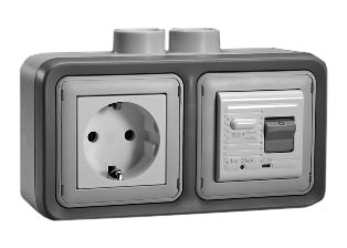 EUROPEAN SCHUKO 16 AMPERE-230 VOLT CEE 7/3 <font color="yellow">GFCI (RCBO/RCD)</font> OUTLET, TYPE F (EU1-16R), 50/60 Hz, <font color="yellow">(30mA TRIP)</font>, HORIZONTAL SURFACE MOUNT, IP20 RATED, M20 CABLE ENTRY HUBS (**), 2 POLE-3 WIRE GROUNDING (2P+E). GRAY.  

<BR><font color="yellow">Notes:</font>
<BR><font color="yellow">**</font> M20 adapter #01614 available. Converts M20 to 1/2 inch National Pipe Thread (NPT). 
<BR><font color="yellow">*</font> Downstream outlets can be protected. Use on single phase 230 volt circuits only.
<BR><font color="yellow">*</font> Latched RCD, No reset after power failure. RCBO (single pole + neutral) provides over current protection.
<BR><font color="yellow">*</font> Screw terminal torque = 0.08Nm. Operating temp. = -5C to +40C. 
<BR><font color="yellow">*</font> Weatherproof IP66, IP55 rated outlets listed below. Scroll down to view.
<BR><font color="yellow">*</font> Not for use on life support, medical equipment, refrigeration equipment.  
<BR><font color="yellow">*</font> GFCI (RCBO/RCD) outlets are available for all countries. Contact us.   
