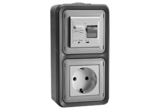 EUROPEAN SCHUKO 16 AMPERE-230 VOLT CEE 7/3 <font color="yellow">GFCI (RCBO/RCD)</font> (EU1-16R) OUTLET, 50/60 Hz, <font color="yellow">(30mA TRIP)</font>, VERTICAL SURFACE MOUNT, IP20 RATED, GLAND CABLE ENTRY, 2 POLE-3 WIRE GROUNDING (2P+E). GRAY.  

<BR><font color="yellow">Notes:</font>
<BR><font color="yellow">*</font> Downstream outlets can be protected. Use on single phase 230 volt circuits only.
<BR><font color="yellow">*</font> Latched RCD, No reset after power failure. RCBO (single pole + neutral) provides over current protection.
<BR><font color="yellow">*</font> Screw terminal torque = 0.08Nm. Operating temp. = -5C to +40C. 
<BR><font color="yellow">*</font> Weatherproof IP66, IP55 rated outlets listed below. Scroll down to view.
<BR><font color="yellow">*</font> Not for use on life support, medical equipment, refrigeration equipment.  
<BR><font color="yellow">*</font> GFCI (RCBO/RCD) outlets are available for all countries. Contact us. 
