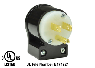 15 AMPERE-125 VOLT NEMA 5-15P ANGLE PLUG, <font color="yellow"> TYPE B</font>, IMPACT RESISTANT NYLON BODY, 2 POLE-3 WIRE GROUNDING (2P+E), SPECIFICATION GRADE. BLACK / WHITE. 

<br><font color="yellow">Notes: </font> 
<br><font color="yellow">*</font> Terminals accept 18/3, 16/3, 14/3, 12/3 AWG size conductors. Strain relief (cord grip range) = 0.300-0.650" dia.
<br><font color="yellow">*</font> Temp. range = -40C to +75C. 
<br><font color="yellow">*</font> Plug cover design allows power cord to exit at 8 different angles. View Dimensional Data Sheet below for details.
<br><font color="yellow">*</font> NEMA 5-15P plugs connect with NEMA 5-15R 15A-125V & NEMA 5-20R 20A-125V receptacles, connectors, outlets.
<br><font color="yellow">*</font> Plugs, receptacles, outlets, power strips, connectors, inlets, power cords, weatherproof outlets, plug adapters are listed below in related products. Scroll down to view.