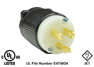 15 AMPERE-125 VOLT NEMA 5-15P JAPAN PLUG (JA1-15P), TYPE B, IMPACT RESISTANT NYLON BODY, 2 POLE-3 WIRE GROUNDING (2P+E), SPECIFICATION GRADE. BLACK / WHITE. 
 
<br><font color="yellow">Notes: </font> 
<br><font color="yellow">*</font> Dual Approvals: cULus (USA & Canada), PSE (Japan). 
<br><font color="yellow">*</font> Certifications: cULus (USA & Canada), PSE JET (Japan), RoHS3
<br><font color="yellow">*</font> Accepts 18/3-12/3 AWG size conductors.
<br><font color="yellow">*</font> Strain relief (cord grip range) = 0.300-0.650" dia.

<br><font color="yellow">*</font> Torque: Terminal screws = 12 in. lbs., Strain relief / assembly screws = 8-10 in. lbs.
<br><font color="yellow">*</font> Temp. range = -40C to +75C.
<br><font color="yellow">*</font> Plugs, connectors, receptacles, power cords, power strips, weatherproof outlets are listed below in related products.