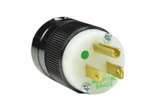15 AMPERE-125 VOLT HOSPITAL GRADE PLUG, <font color="yellow"> TYPE B</font>, GREEN DOT NEMA 5-15P, POWER CORD DUST / MOISTURE SHIELD, IMPACT RESISTANT NYLON, 2 POLE-3 WIRE GROUNDING (2P+E), TERMINALS ACCEPT 10/3, 12/3, 14/3, 16/3, 18/3 AWG CONDUCTORS, 0.300-0.655" CORD GRIP RANGE. BLACK/WHITE. UL / CSA LISTED.

<br><font color="yellow">Notes: </font> 
<br><font color="yellow">*</font> Screw torque: Terminal screws = 12 in. lbs., Strain relief / assembly screws = 8-10 in. lbs.
<br><font color="yellow">*</font> Temp. range = -40C to +75C.
<br><font color="yellow">*</font> Plugs, connectors, receptacles, power cords, power strips, weatherproof outlets are listed below in related products. Scroll down to view.
