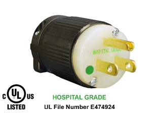 15 AMPERE-125 VOLT HOSPITAL GRADE PLUG, <font color="yellow"> TYPE B</font>, GREEN DOT NEMA 5-15P, IMPACT RESISTANT NYLON, 2 POLE-3 WIRE GROUNDING (2P+E), TERMINALS ACCEPT 10/3, 12/3, 14/3, 16/3, 18/3 AWG CONDUCTORS, 0.300-0.655" CORD GRIP RANGE. BLACK/WHITE. UL/CSA LISTED.

<br><font color="yellow">Notes: </font> 
<br><font color="yellow">*</font> Screw torque: Terminal screws = 12 in. lbs., Strain relief / assembly screws = 8-10 in. lbs.
<br><font color="yellow">*</font> Temp. range = -40C to +75C.
<br><font color="yellow">*</font> Plugs, connectors, receptacles, power cords, power strips, weatherproof outlets are listed below in related products. Scroll down to view.
