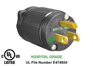15 AMPERE-125 VOLT HOSPITAL GRADE PLUG, <font color="yellow"> TYPE B</font>, GREEN DOT NEMA 5-15P, IMPACT RESISTANT NYLON, 2 POLE-3 WIRE GROUNDING (2P+E), TERMINALS ACCEPT 10/3, 12/3, 14/3, 16/3, 18/3 AWG CONDUCTORS, 0.300-0.655" CORD GRIP RANGE. BLACK. UL/CSA LISTED.

<br><font color="yellow">Notes: </font> 
<br><font color="yellow">*</font> Screw torque: Terminal screws = 12 in. lbs., Strain relief / assembly screws = 8-10 in. lbs.
<br><font color="yellow">*</font> Temp. range = -40C to +75C.
<br><font color="yellow">*</font> Plugs, connectors, receptacles, power cords, power strips, weatherproof outlets are listed below in related products. Scroll down to view.
