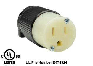 15 AMPERE-125 VOLT NEMA 5-15R,  <font color="yellow"> TYPE B</font>, CONNECTOR, IMPACT RESISTANT NYLON BODY, 2 POLE-3 WIRE GROUNDING (2P+E), SPECIFICATION GRADE. BLACK/WHITE. 

<br><font color="yellow">Notes: </font> 
<br><font color="yellow">*</font> Terminals accept 18/3, 16/3, 14/3, 12/3 AWG size conductors. Strain relief (cord grip range) = 0.300-0.650" dia.
<br><font color="yellow">*</font> Screw torque: Terminal screws = 12 in. lbs., Strain relief / assembly screws = 8-10 in. lbs.
<br><font color="yellow">*</font> Temp. range = -40C to +75C.
<br><font color="yellow">*</font> Plugs, connectors, receptacles, power cords, power strips, weatherproof outlets are listed below in related products. Scroll down to view.