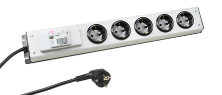 EUROPEAN 16 AMPERE-250 VOLT CEE 7/3 SCHUKO (EU1-16R) 5 OUTLET PDU POWER STRIP, DOUBLE POLE RCD (GFCI) CIRCUIT BREAKER, 10mA TRIP, 2 POLE-3 WIRE GROUNDING (2P+E), 3.05 METER (10 FOOT) CORD. BLACK BASE / SILVER GRAY COVER.  