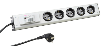 EUROPEAN 16 AMPERE-250 VOLT CEE 7/3 SCHUKO (EU1-16R) 5 OUTLET PDU POWER STRIP, SHUTTERED CONTACTS, DOUBLE POLE RCD (GFCI) CIRCUIT BREAKER, 30mA TRIP, 2 POLE-3 WIRE GROUNDING (2P+E), 3.05 METER (10 FOOT) CORD. BLACK BASE / SILVER GRAY COVER.  